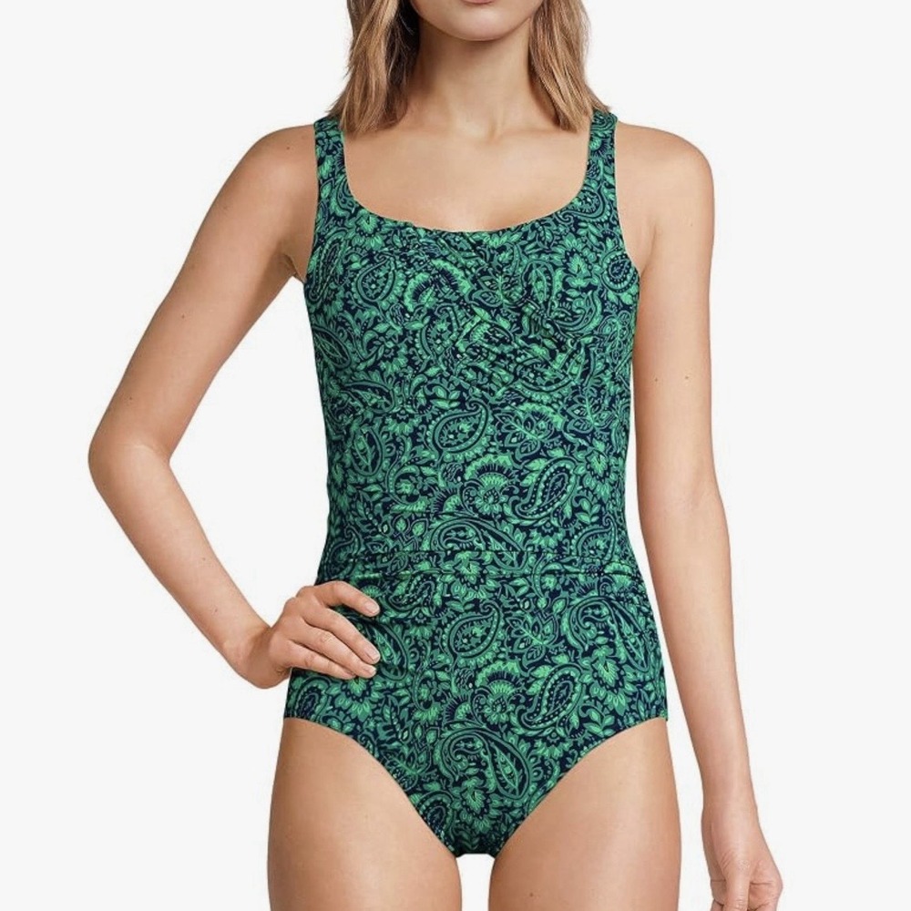 Lands End Green Paisley Tugless One Piece Soft Cup Sporty Swimsuit Size 18W